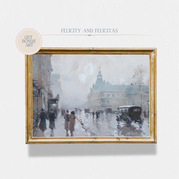 Rainy Vintage City Street with Umbrellas Impressionist Rain Poster