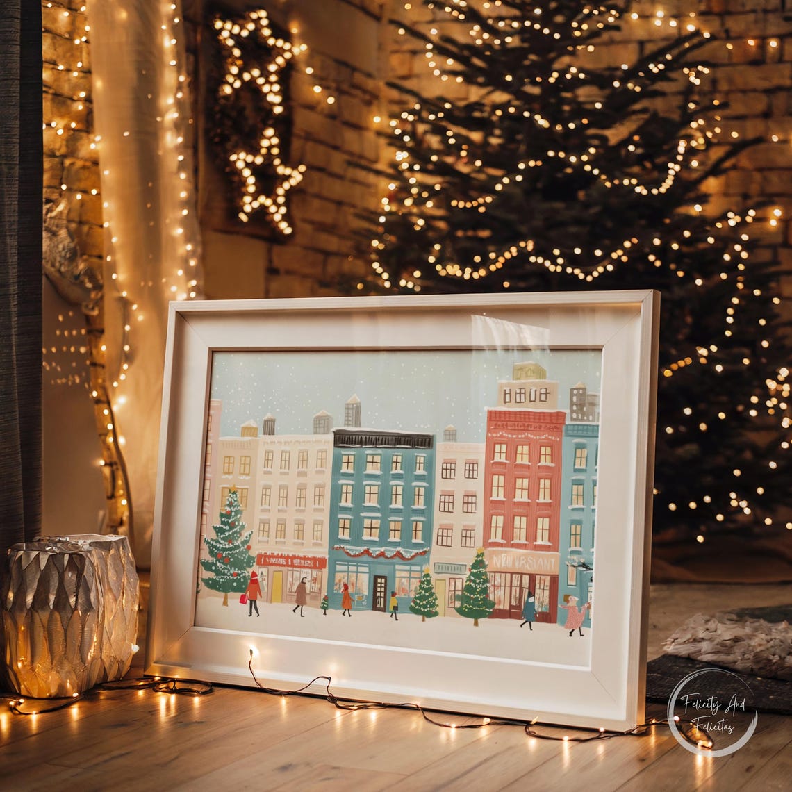Pastel City Buildings Winter Holiday Shops Christmas Trees Poster - Image 5