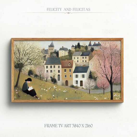 Spring Reading on Hill Village Blossoming Trees Frame TV Art Poster