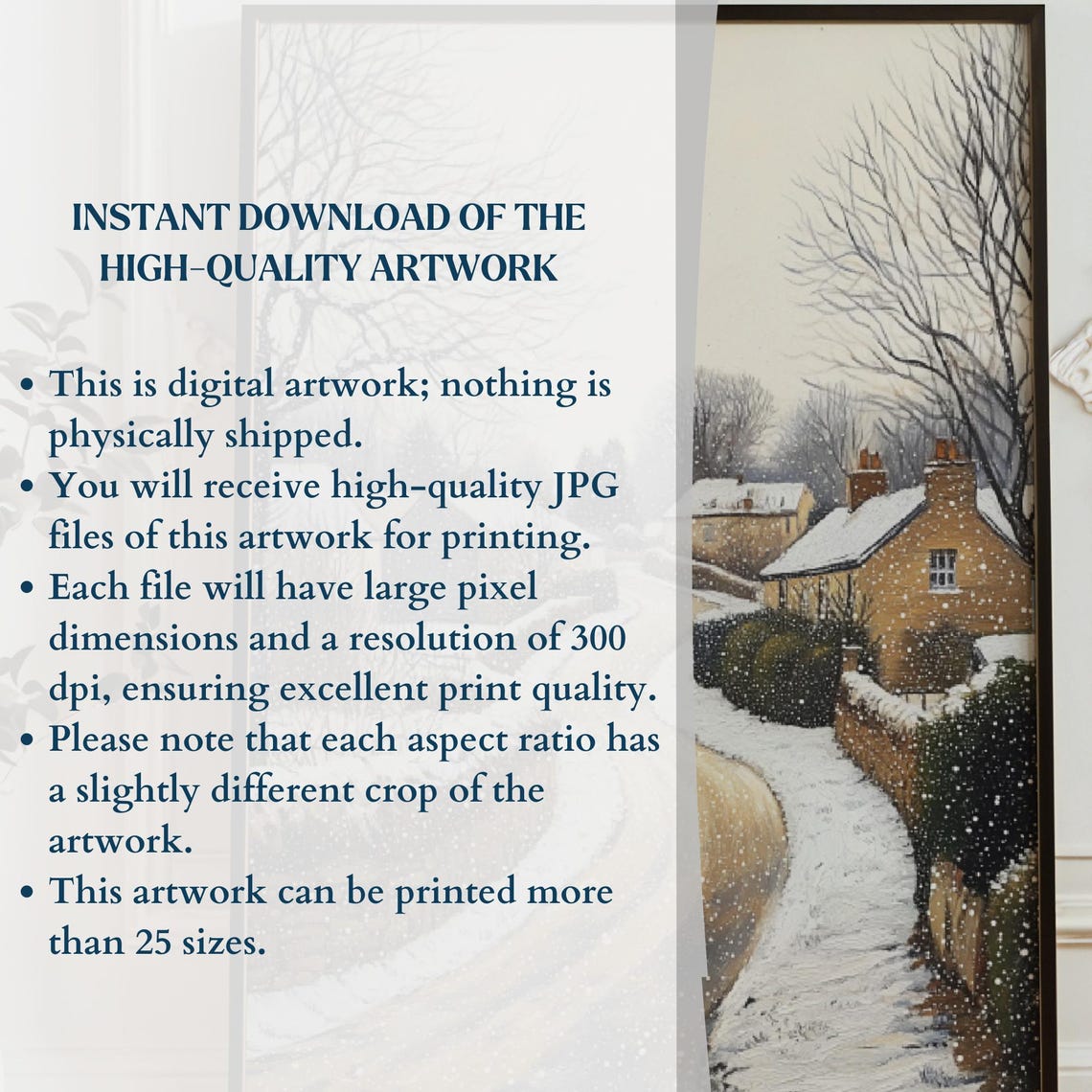 Quiet Snowy Village Lane with Cottages and Bare Trees Winter Poster - Image 3