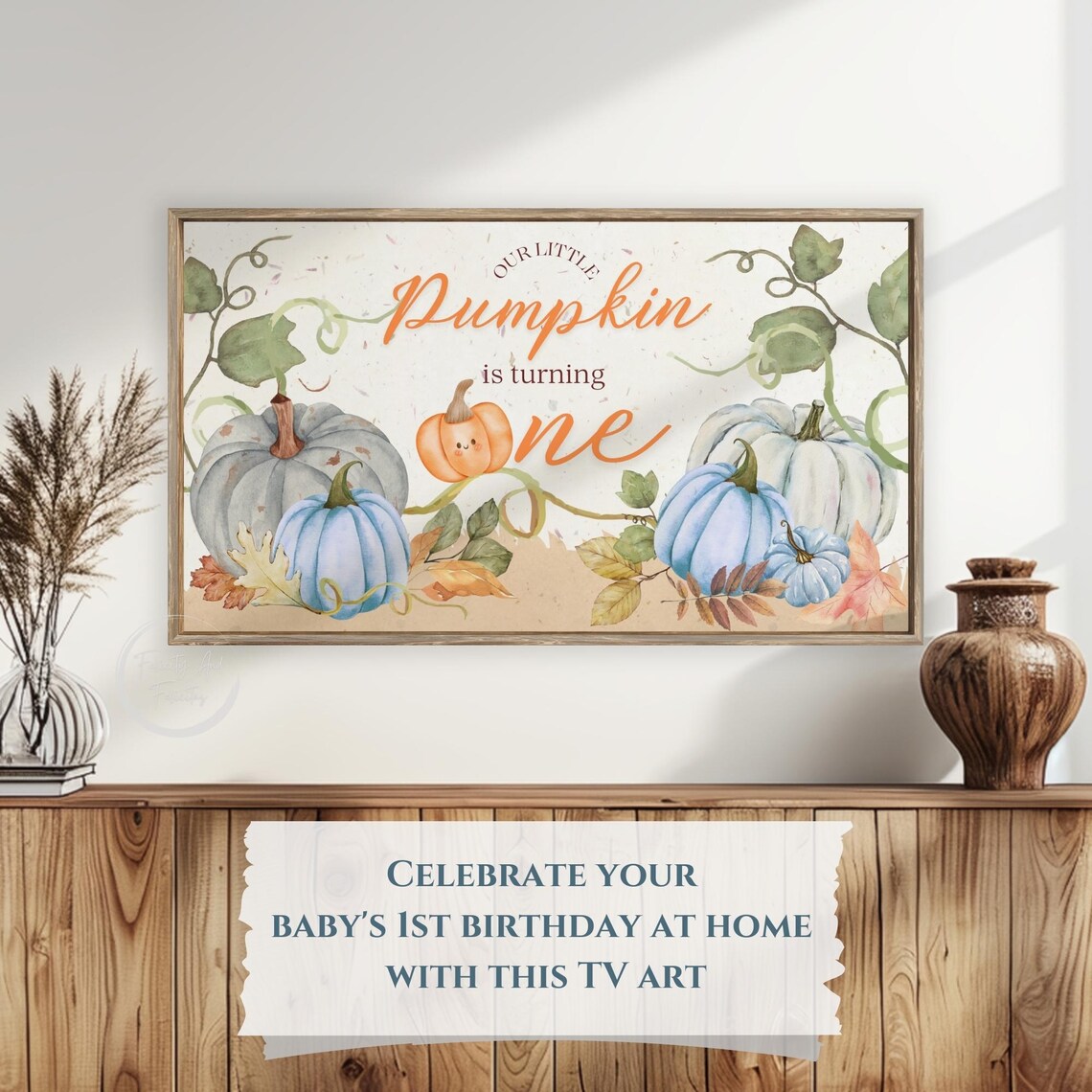 Our Little Pumpkin Blue Watercolor First Birthday Frame TV Poster - Image 5