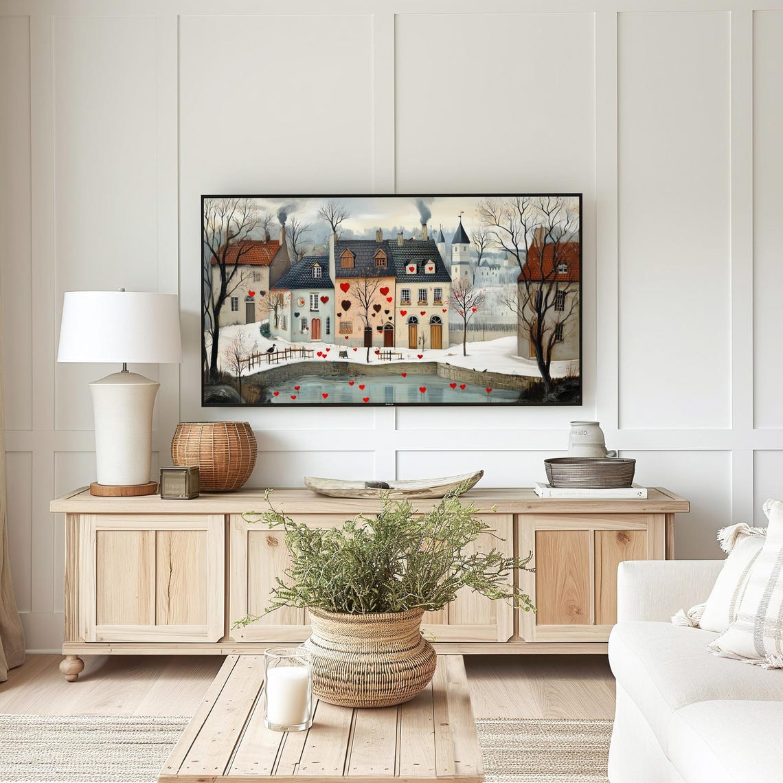 Red Snowy Village Pond with Floating Hearts Frame TV Art Poster - Image 5