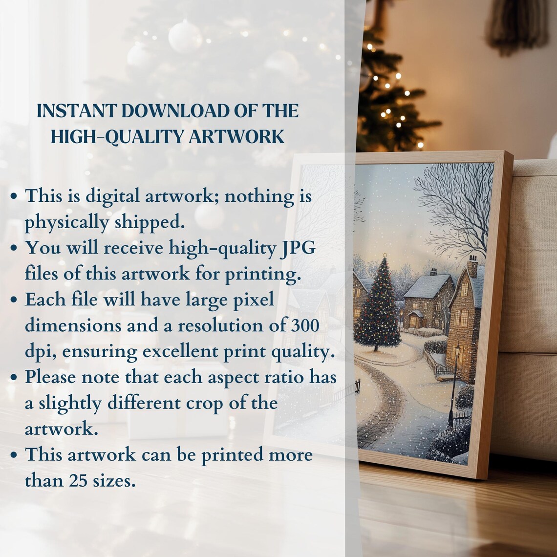 Cozy Christmas Town Street Tall Tree Snowy Village Scene Poster - Image 3