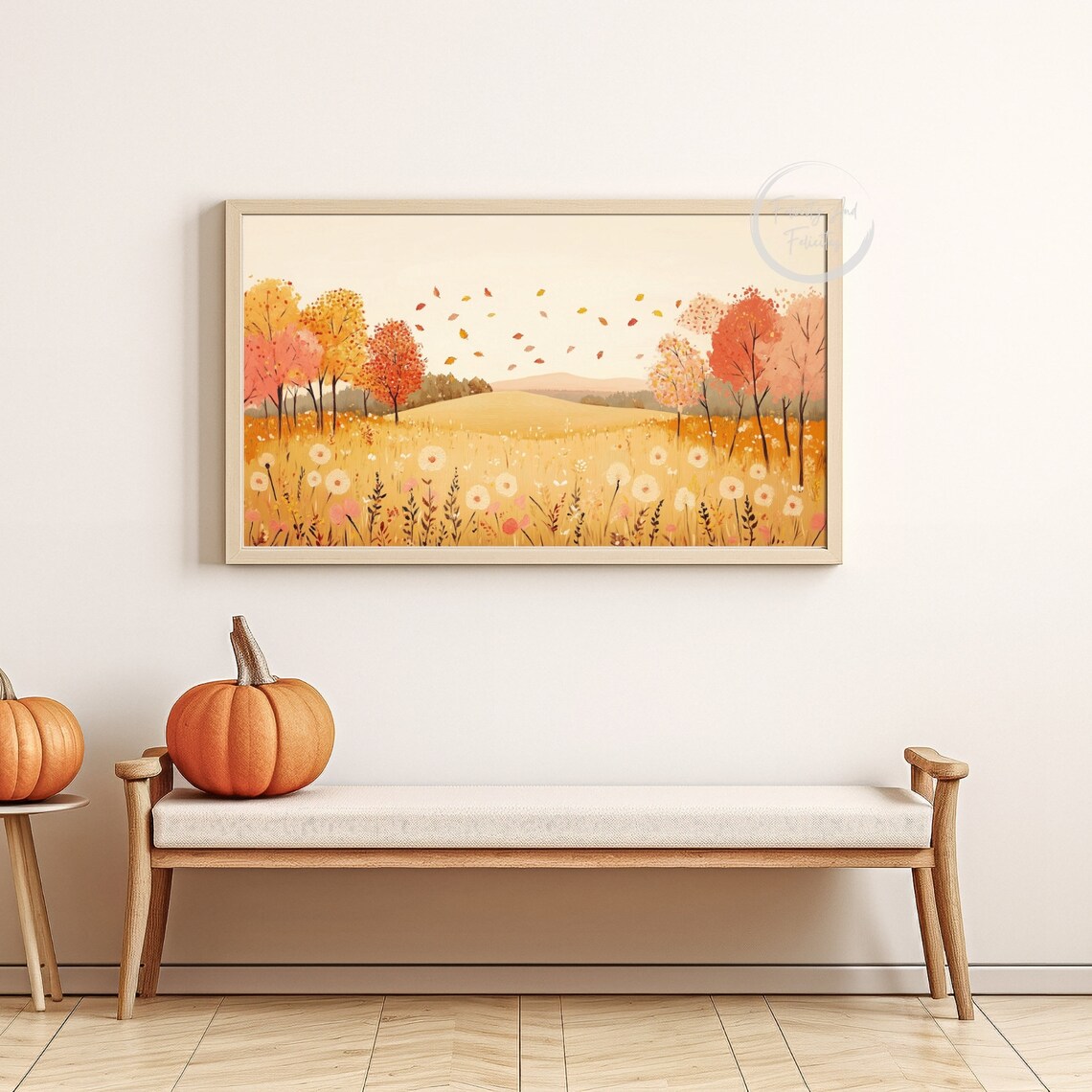 Golden Autumn Meadow Falling Leaves Orange Trees Cozy Fall Landscape Art Poster - Image 5
