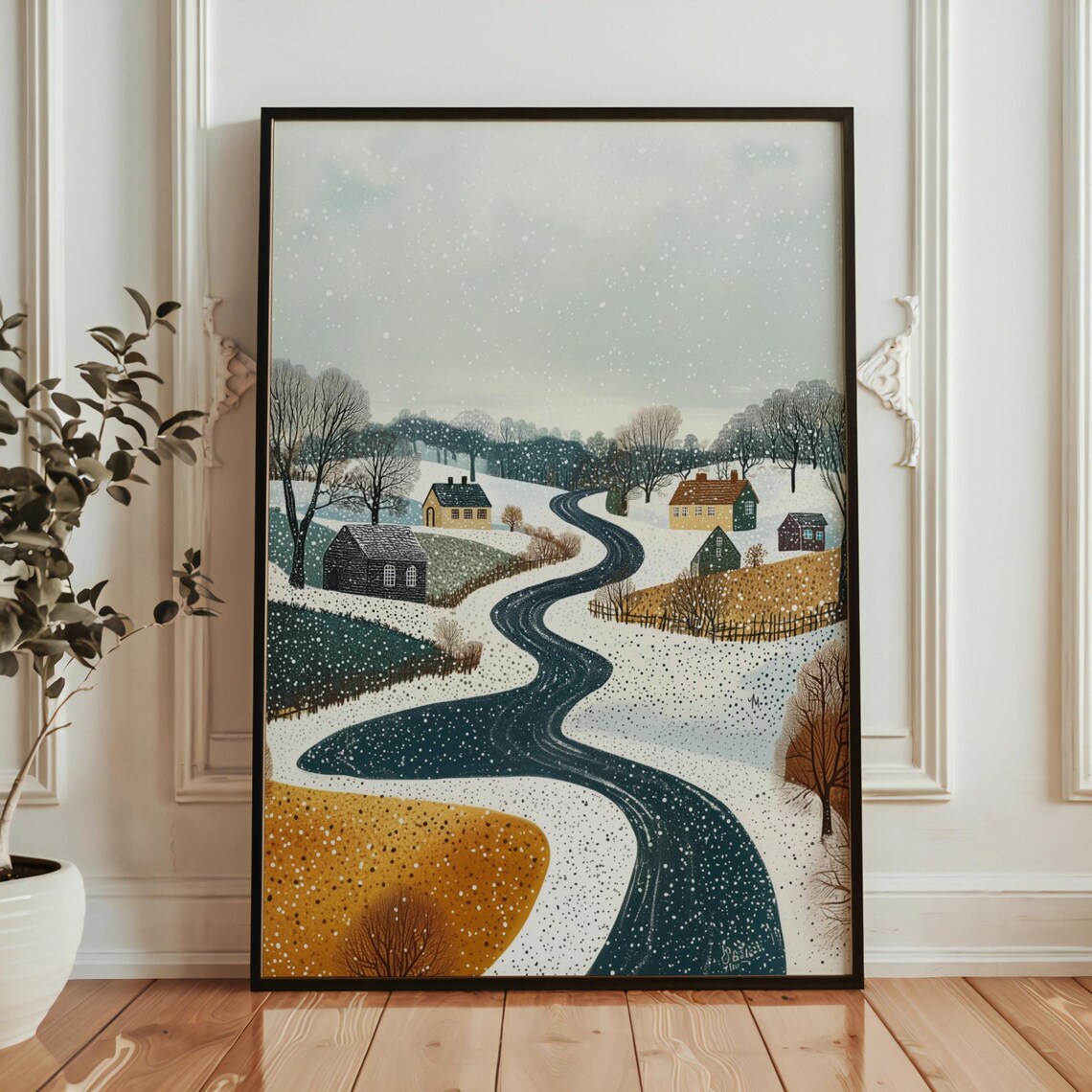 Snowy Country Road Winter Village Cottages Folk Textured Wall Art - Image 5