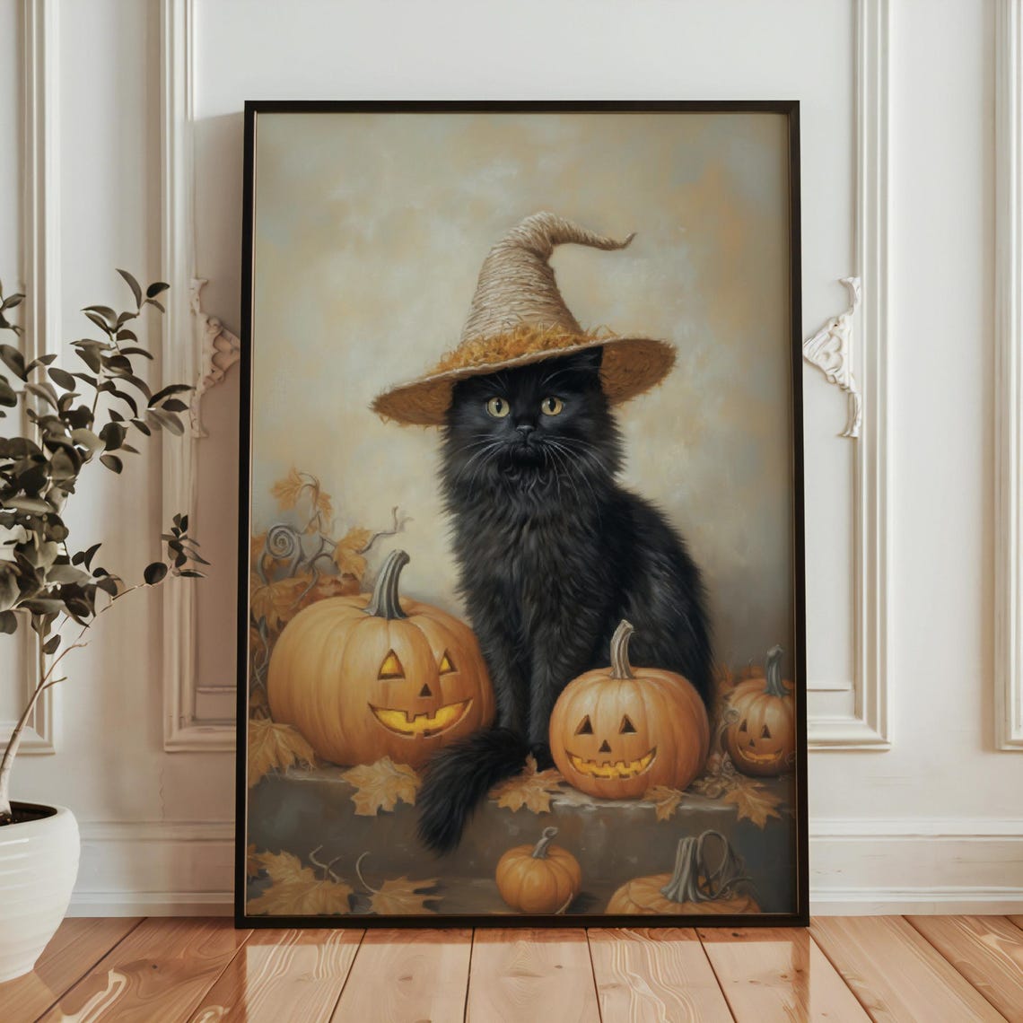 Black Cat Witch Hat Jack O Lantern Pumpkins Halloween Wall Art - Image 4