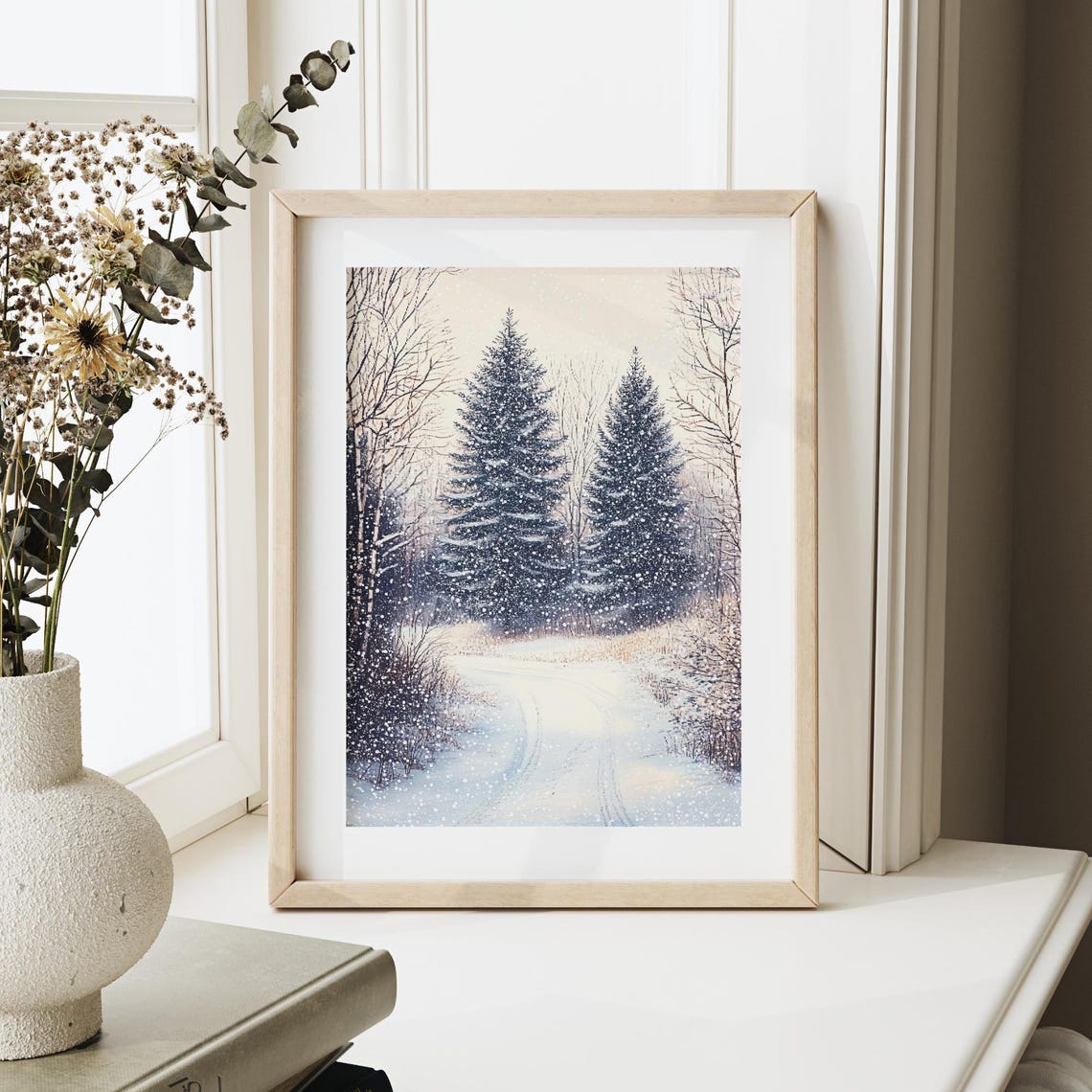 Snowy Winter Forest Path Tall Evergreens Falling Snow Scene Poster - Image 6
