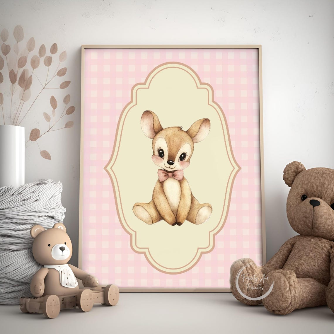 Pink Gingham Nursery Set Cat Bunny Fawn with Bows Girl Room Wall Art - Image 5