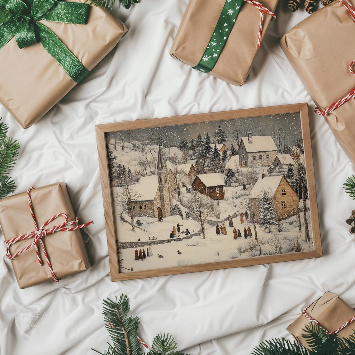 Snowy Village Church With Villagers Winter Gathering Scene Poster - Image 6