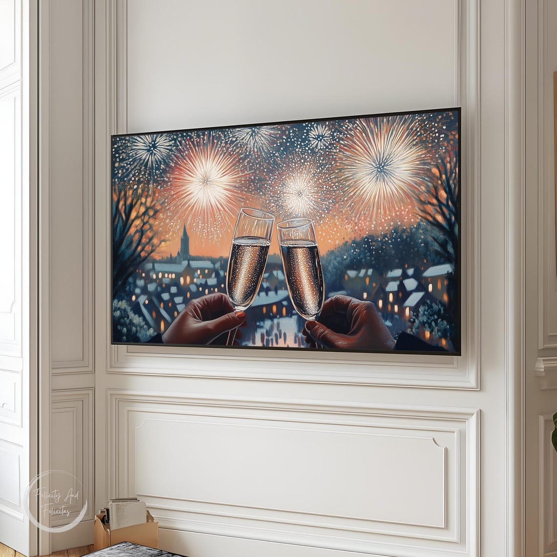 Champagne Toast Fireworks Snowy Town New Years Eve TV Art Poster - Image 3