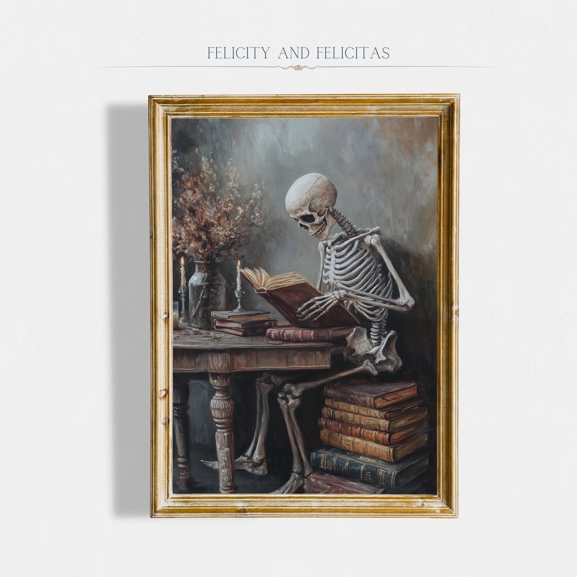 Skeleton Reading a Book by Candlelight Dark Academia Art Poster