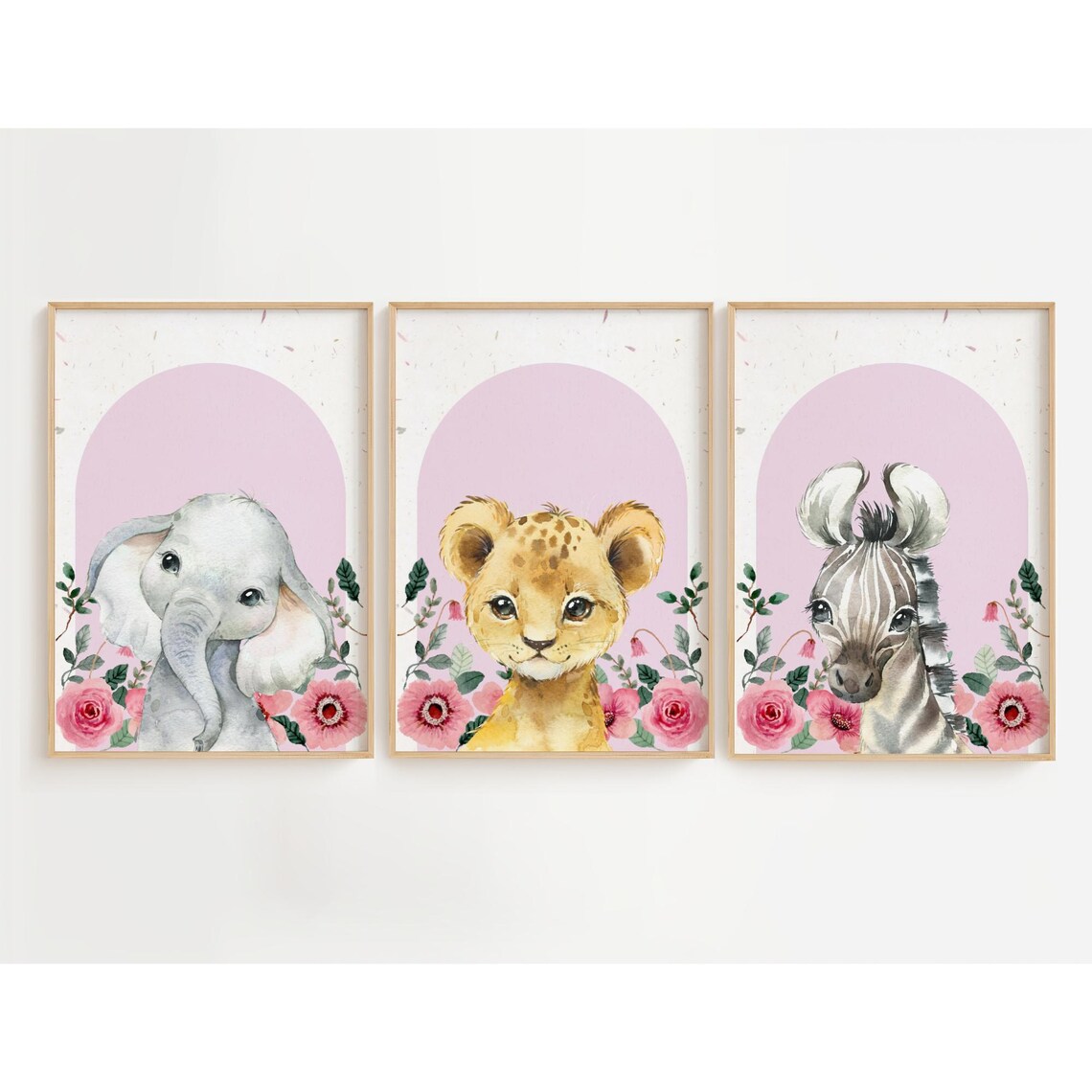Baby Elephant Pink Floral Arch Watercolor Nursery Kids Wall Art - Image 3
