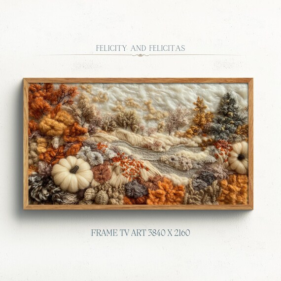 Textured Fiber Art Autumn Landscape with Pumpkins Fall Hills Poster