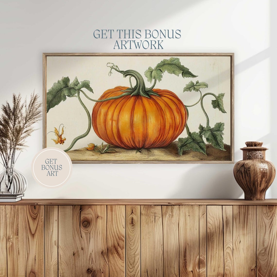 Pink Pumpkin Botanical Vintage Fall Style Frame TV Art Print - Image 3