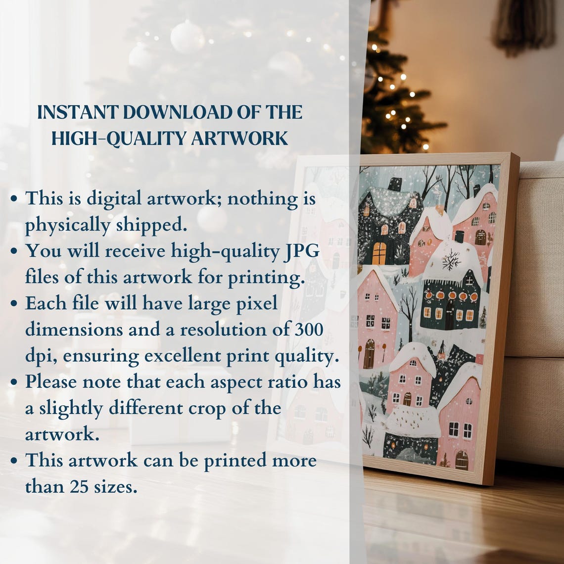 Snow Covered Pink Village Rooftops in Falling Snow Art Poster - Image 3
