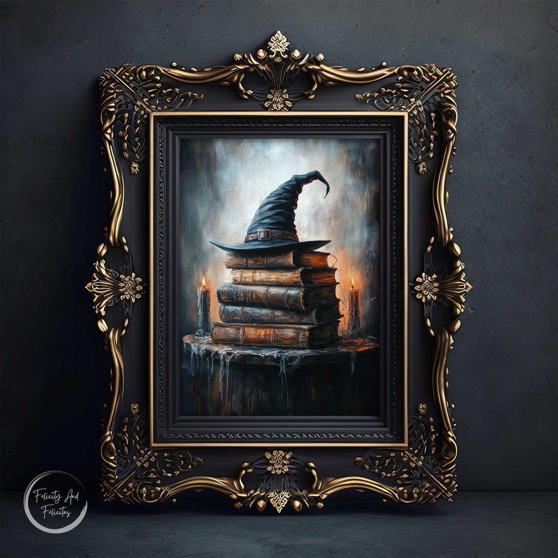 Witch Hat on Stack of Old Spell Books with Candles Dark Poster - Image 6