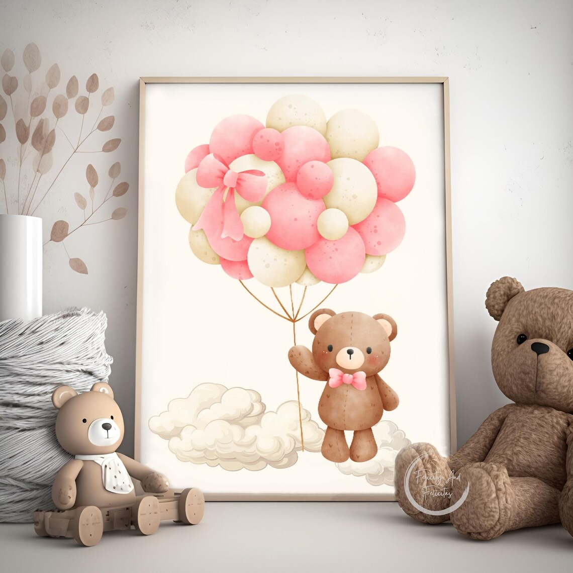 Pink Teddy Bear Hot Air Balloon Nursery Set Girl Room Wall Art - Image 5