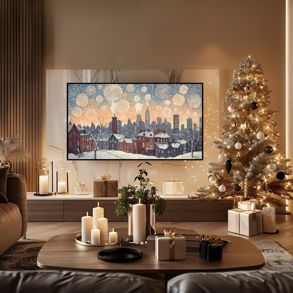 Snowy City Skyline Fireworks New Years Celebration Frame TV Poster - Image 6