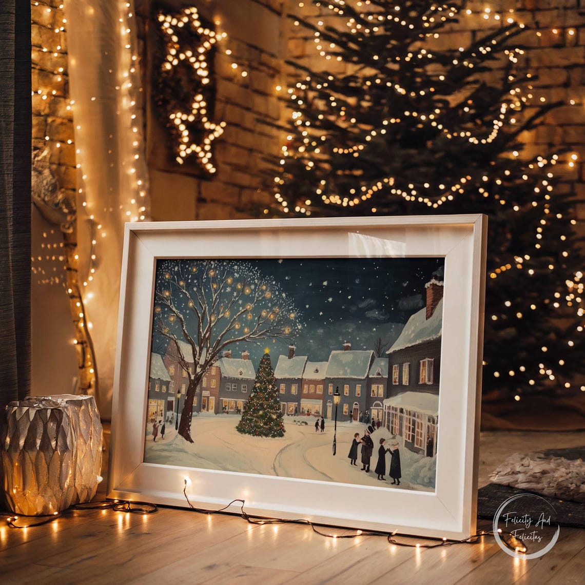 Christmas Eve Village Night Tree Carolers Lamppost Snow Poster - Image 5
