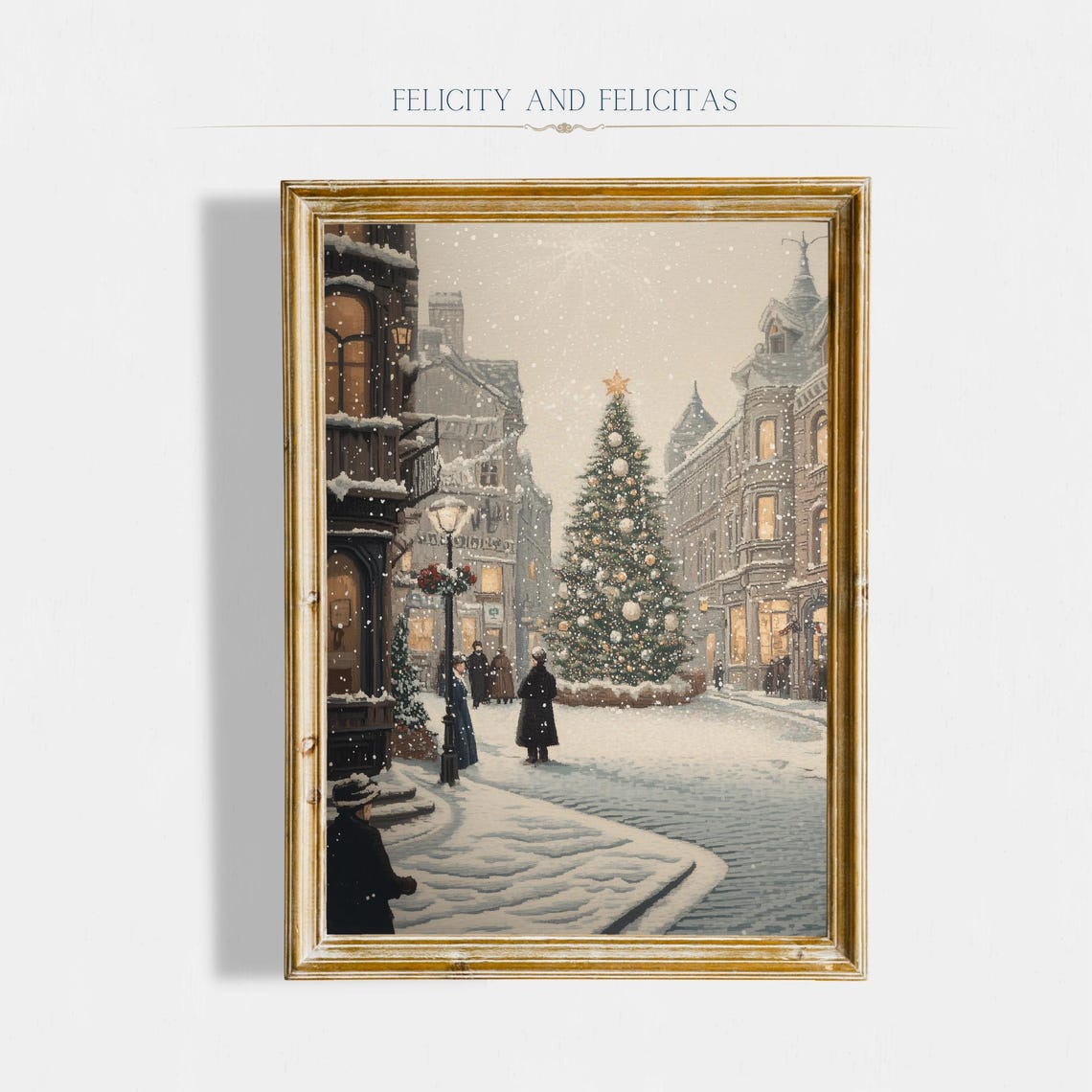 Snowy Christmas Street Vintage Town Tall Tree Winter Night Poster
