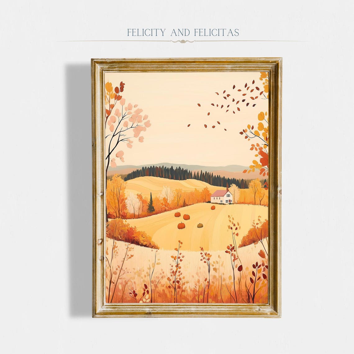 Golden Autumn Farm Landscape Hay Bales Pumpkins Farmhouse Poster