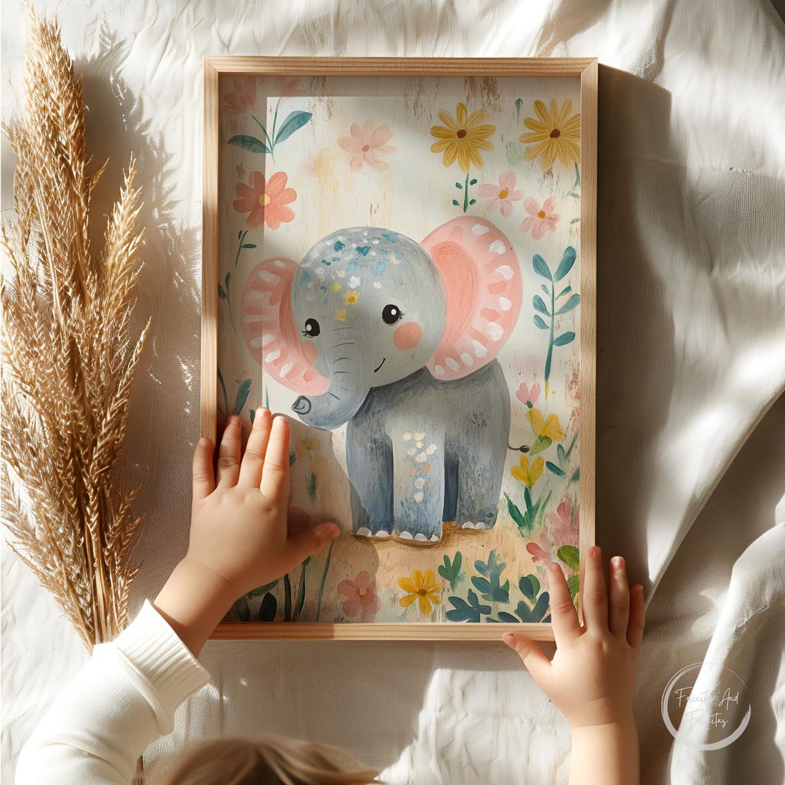 Floral Elephant with Pink Ears Daisy Meadow Nursery Wall Art - Image 4