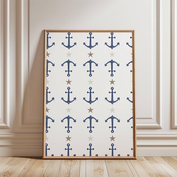 Navy Anchor Star Repeating Coastal Pattern Wall Art Decor Piece