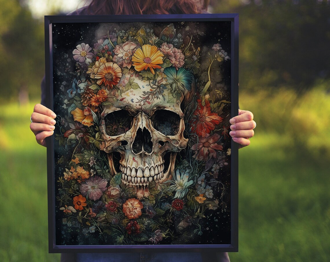 Floral Human Skull Colorful Surreal Day of the Dead Art Poster - Image 8