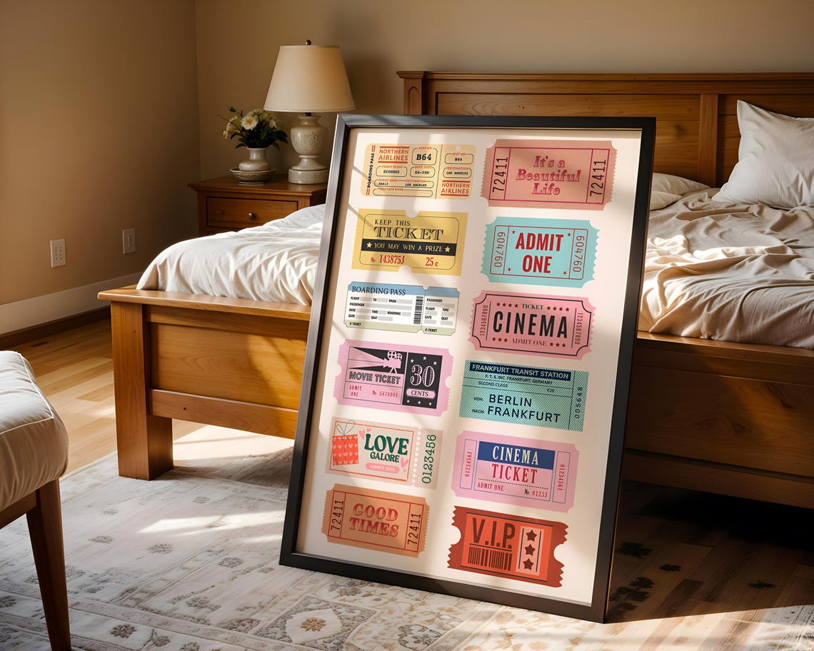 Vintage Ticket Stub Collage Cinema Boarding Pass Retro Art Poster - Image 7