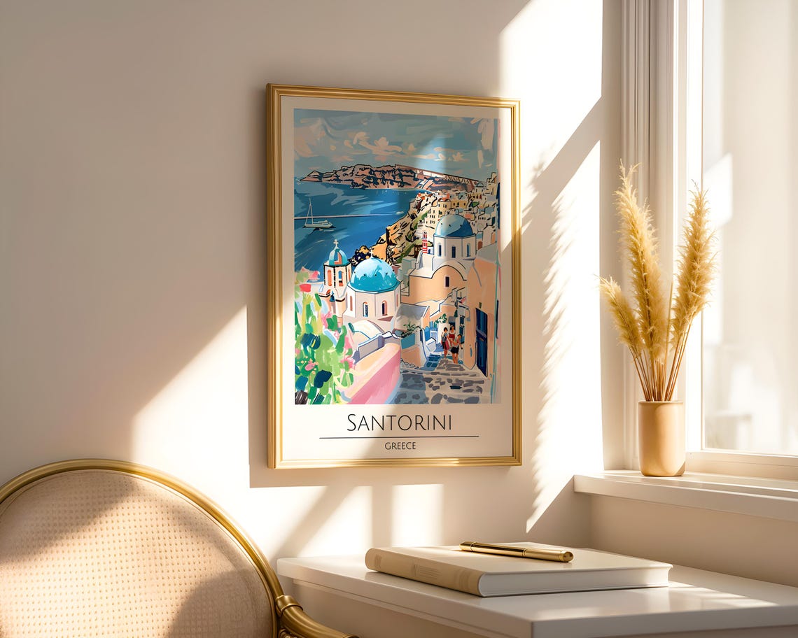 Santorini Greece Blue Domes Caldera Colorful Travel Art Poster - Image 7