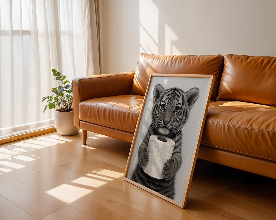 Cute Tiger Cub Holding Toilet Paper Funny Bathroom Art Poster - Image 3