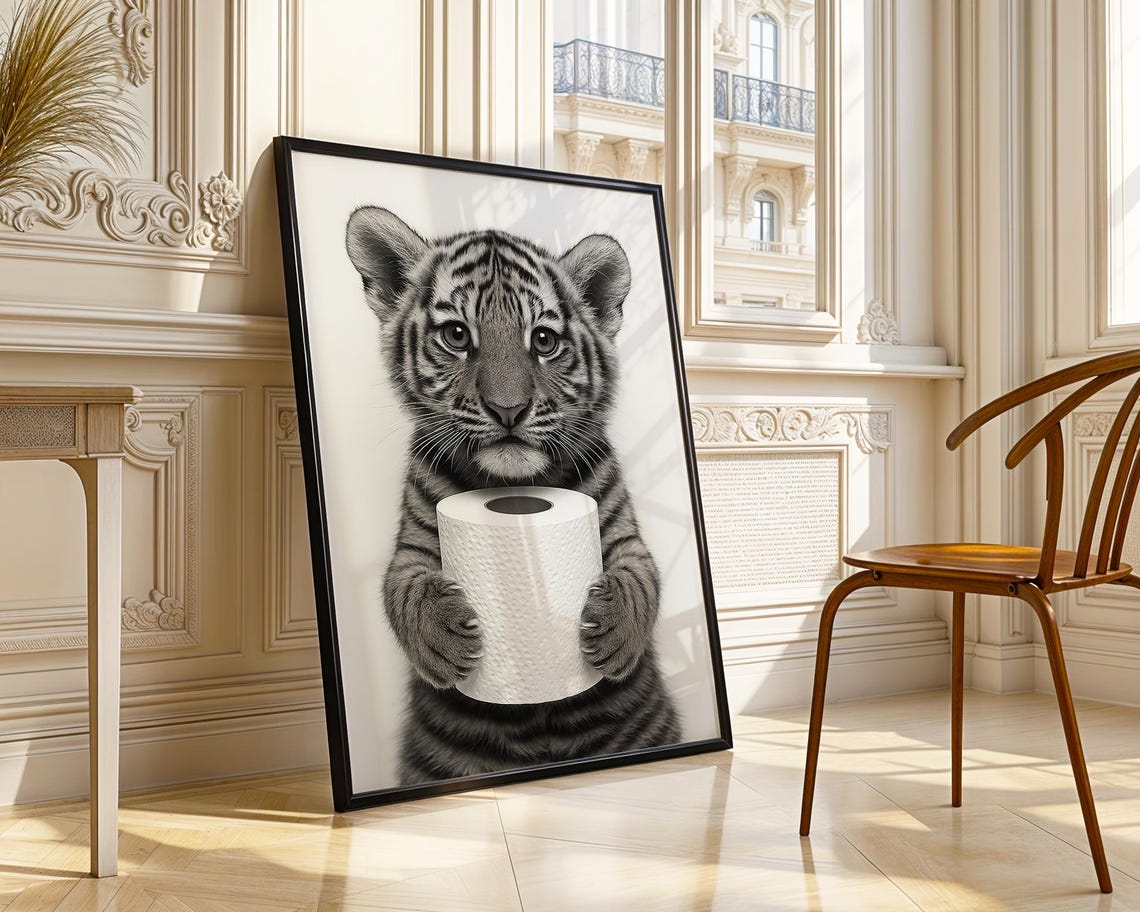 Cute Tiger Cub Holding Toilet Paper Funny Bathroom Art Poster - Image 5