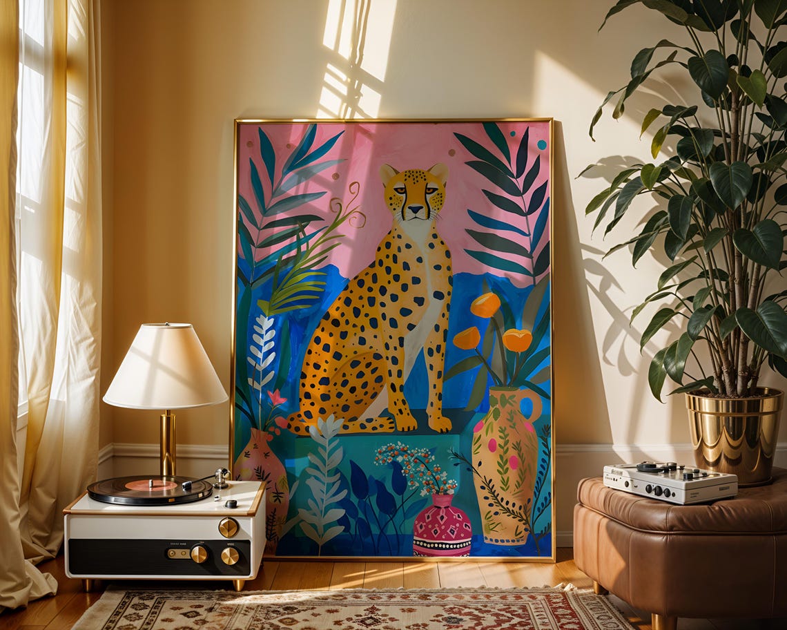 Maximalist Cheetah Pink Wall Art Jungle Animal Print Colorful Botanical Decor Luxury Home Instant - Image 3