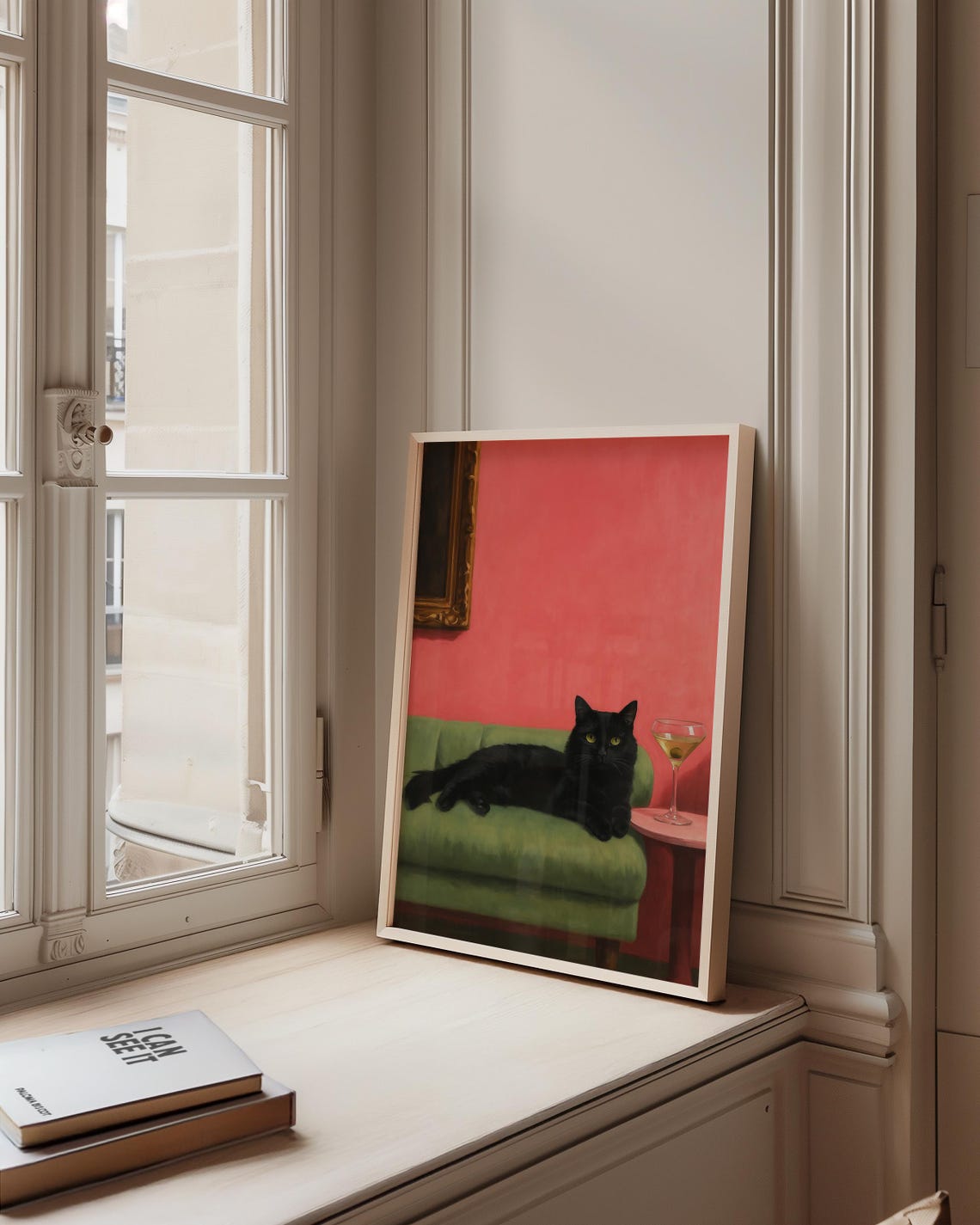 Black Cat Lounging Green Sofa Martini Cocktail Whimsical Art Poster - Image 5