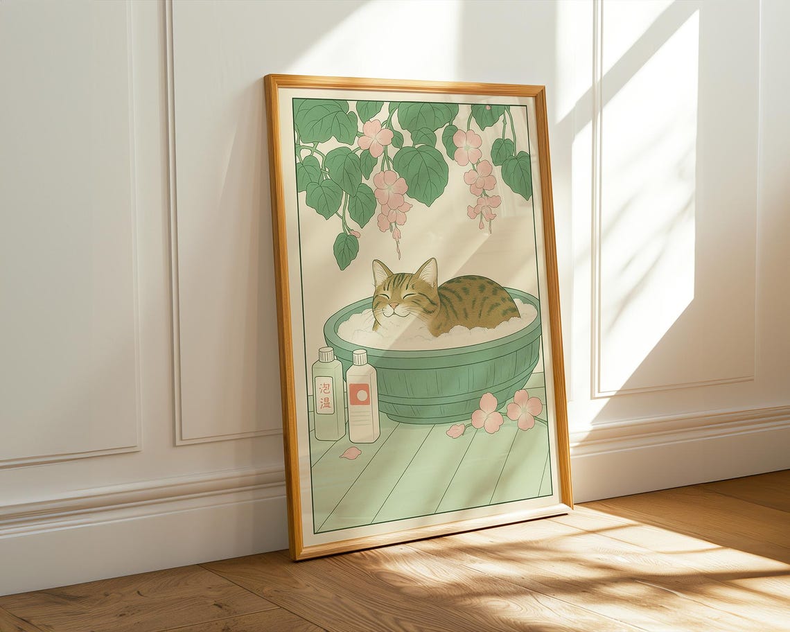 Tabby Cat Bubble Bath Japanese Illustration Bathroom Art Poster - Image 7