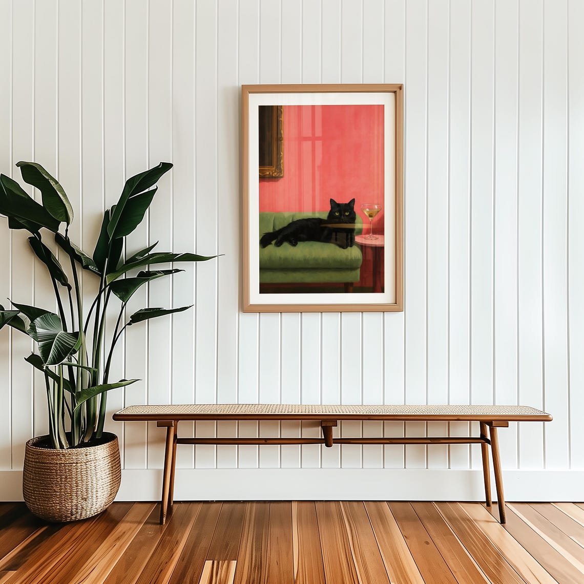 Black Cat Lounging Green Sofa Martini Cocktail Whimsical Art Poster - Image 7