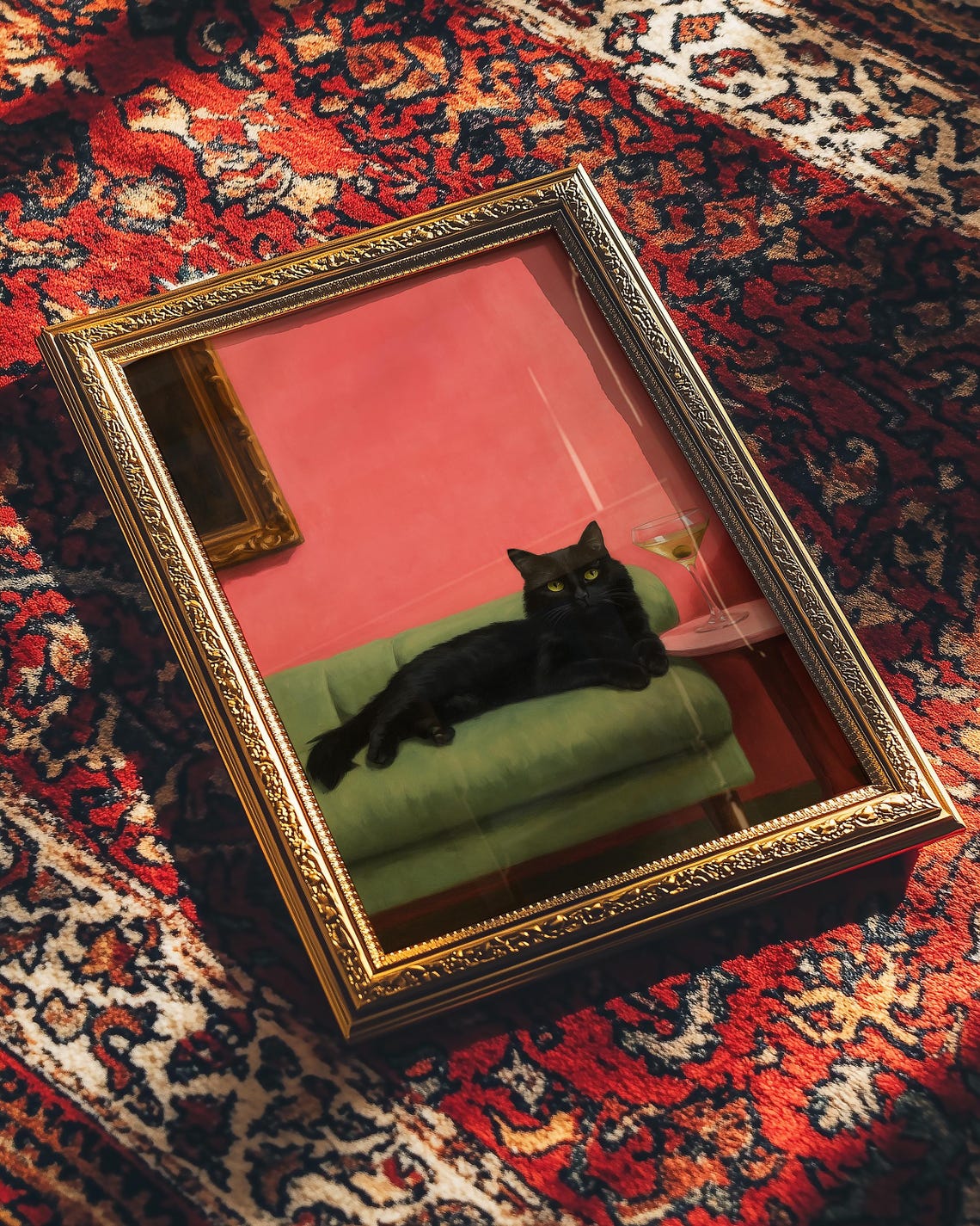 Black Cat Lounging Green Sofa Martini Cocktail Whimsical Art Poster - Image 2