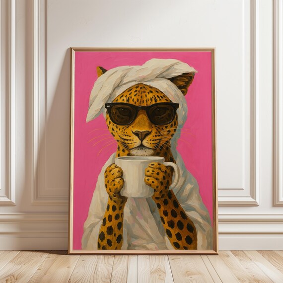 Leopard Drinking Coffee Sunglasses Towel Turban Pink Art Poster