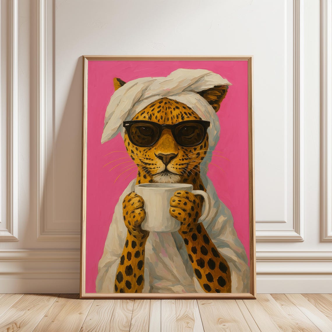 Leopard Drinking Coffee Sunglasses Towel Turban Pink Art Poster