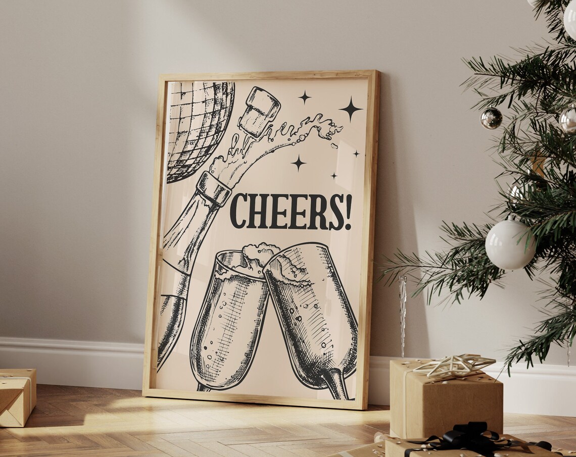 Cheers Champagne Bottle Flutes Disco Ball Party Celebration Poster
