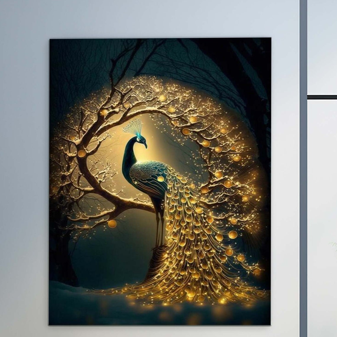 Peacock Golden Glowing Tail Tree Dark Night Fantasy Wall Poster