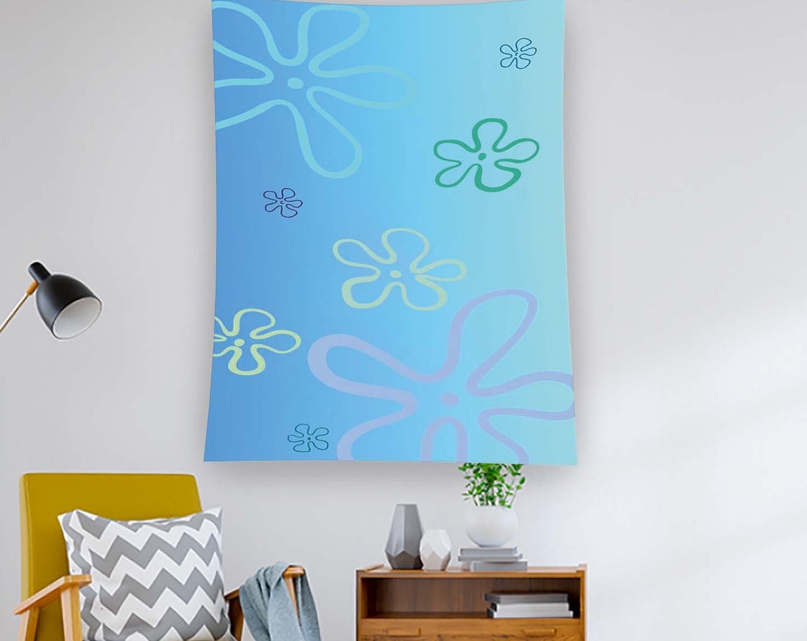 SpongeBob Flower Clouds Blue Cartoon Sky Cute Kids Room Wall Art