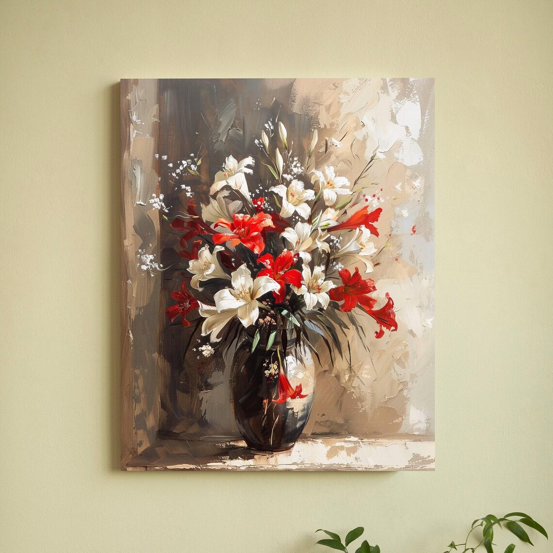 Red And White Lilies Dark Vase Modern Floral Painting Poster