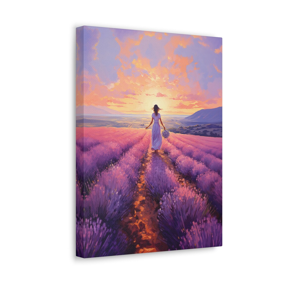 Woman Walking a Lavender Field Poster at a Dreamy Pink Sunset Scene - Image 4