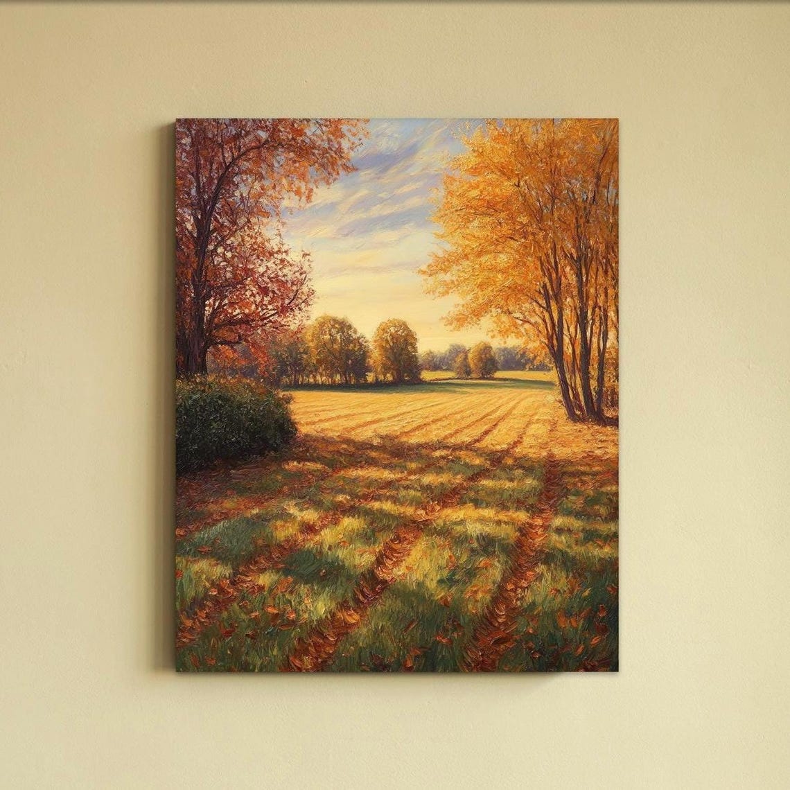 Golden Autumn Field Poster with Tree Shadows Under a Sunrise Sky