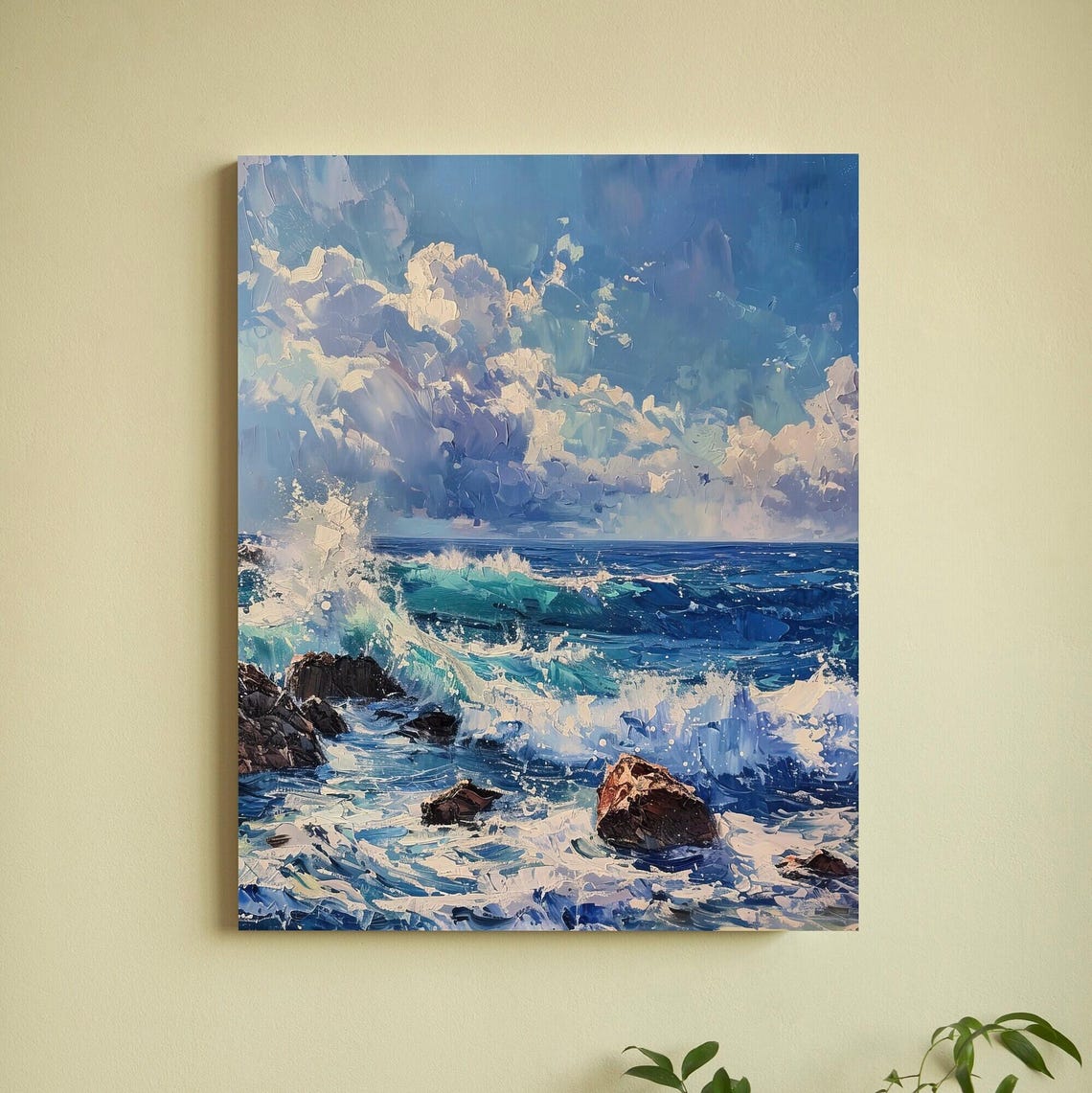 Ocean Waves Crashing on Dark Rocks Poster in Bold Blue Impasto Style