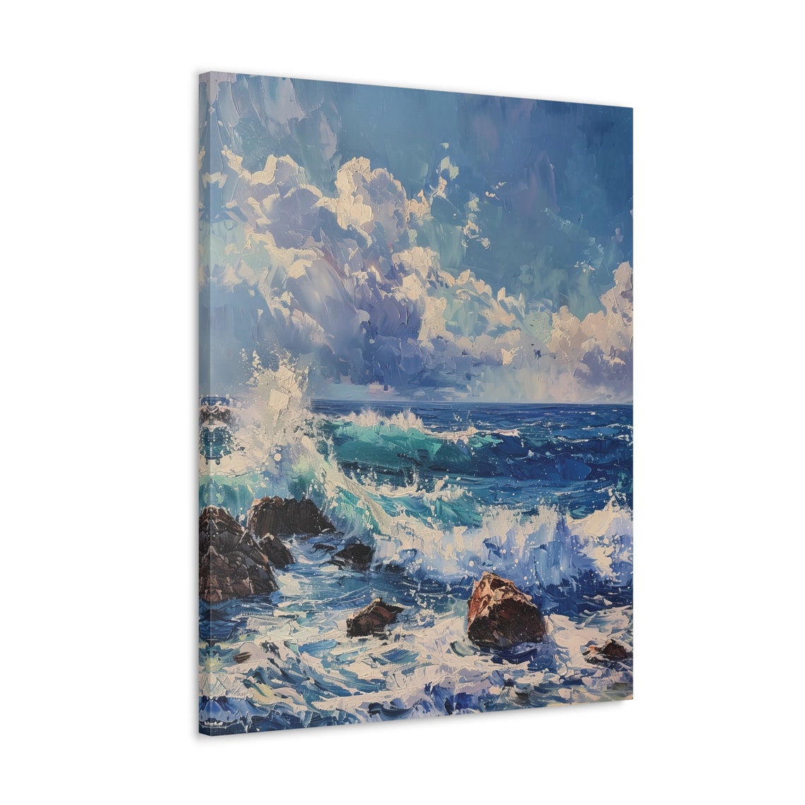 Ocean Waves Crashing on Dark Rocks Poster in Bold Blue Impasto Style - Image 4