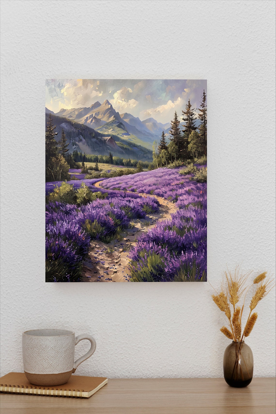 Lavender Meadow with Winding Path Pines and Jagged Peaks Poster - Image 2