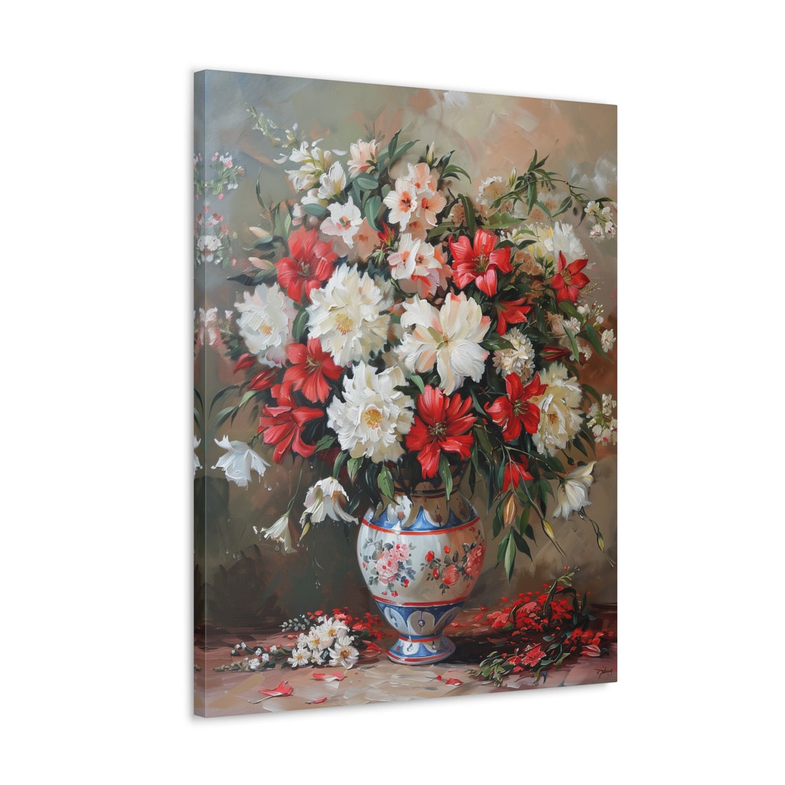 Red and White Peony Bouquet in Decorated Floral Porcelain Vase Poster - Image 4