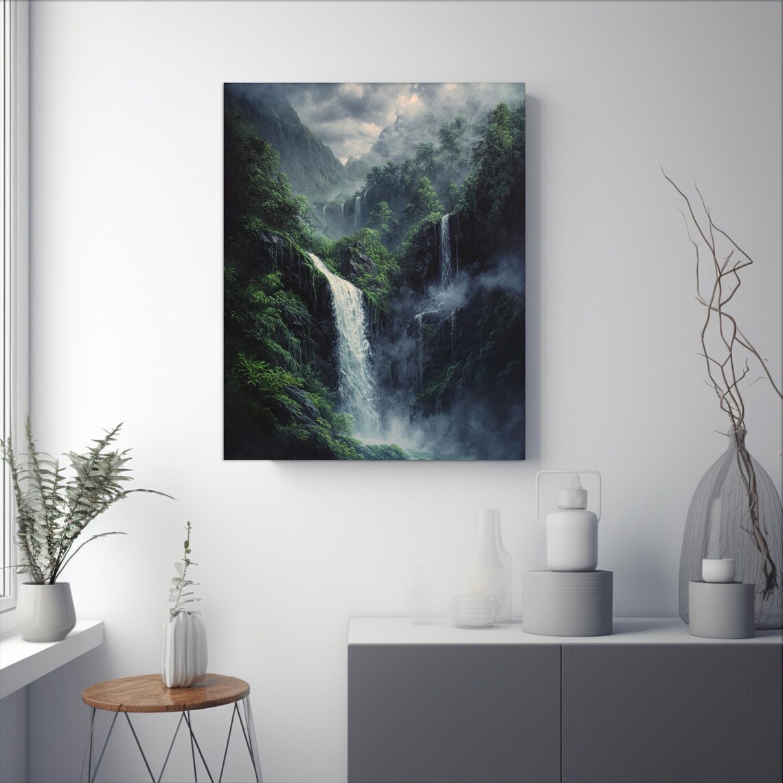 Misty Twin Waterfalls in Dark Rainforest Mountain Gorge Poster - Image 2